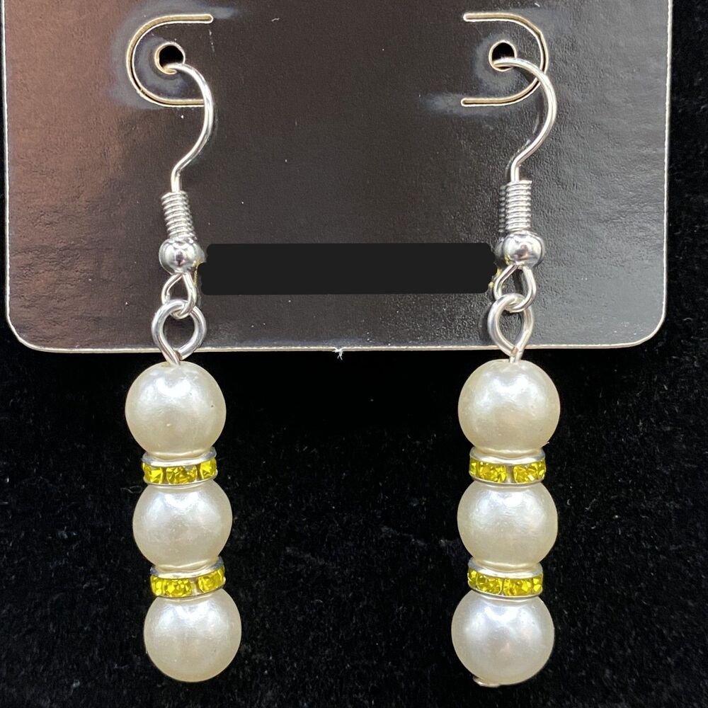 Handmade Faux Pearl Bead & Yellow Crystal Rondelle Earrings by Neanie-Bot